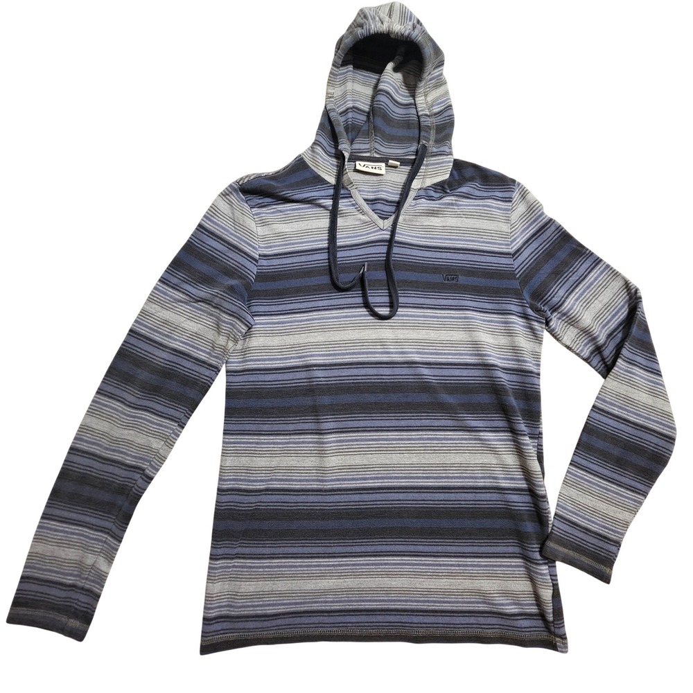 Vans Striped Hooded Long Sleeve Shirt Medium‎ Blue Grey Skater Pullover